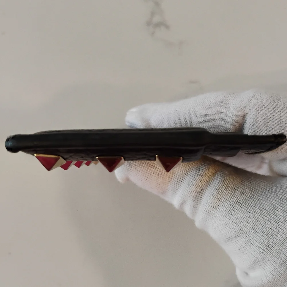 Valentino Garavani Card Holder - Black Studded Pebbled Leather - Picture 8 of 14